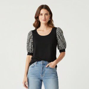 DKNY Top S Women's Black Animal Puff SS Minimalist Mod Edgy Casual Indie